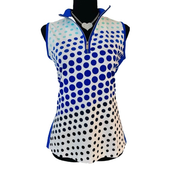 TAIL ~ Blue Aqua Blue Black Polka Dot White Sleeveless Top size S - Picture 1 of 8